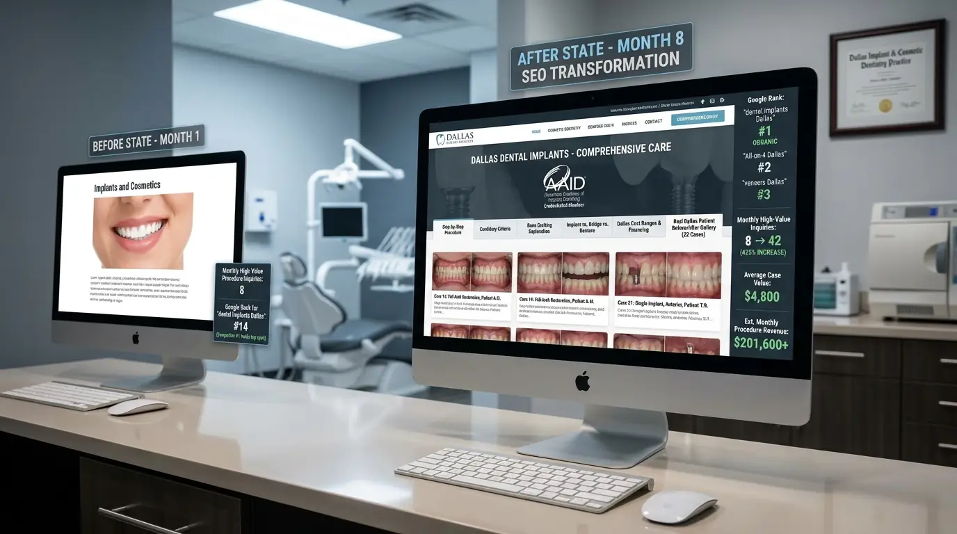 Case Study 2: Dallas Implant & Cosmetic Dentistry Specialist — "Dental Implants Dallas" Page #1 in 8 Months, 42 High-Value Cases/Month