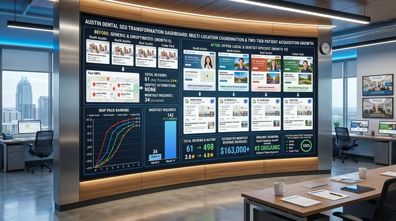 Case Study 3: Austin DSO (4 Locations) — All 4 Austin Locations in Map Pack, 318% New Patient Growth Across Group