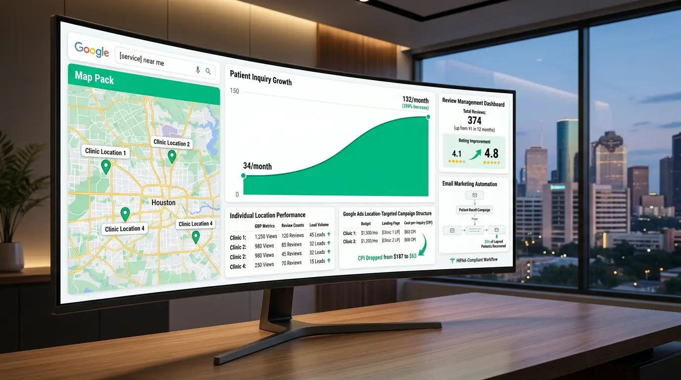 Case Study 2: Houston Multi-Location Healthcare Practice — 4 Locations, 289% Patient Inquiry Growth in 12 Months result map